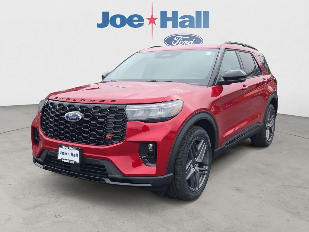 2026 Ford Explorer ST in Rapid Red Metallic Tinted Clearcoat — front three-quarter view